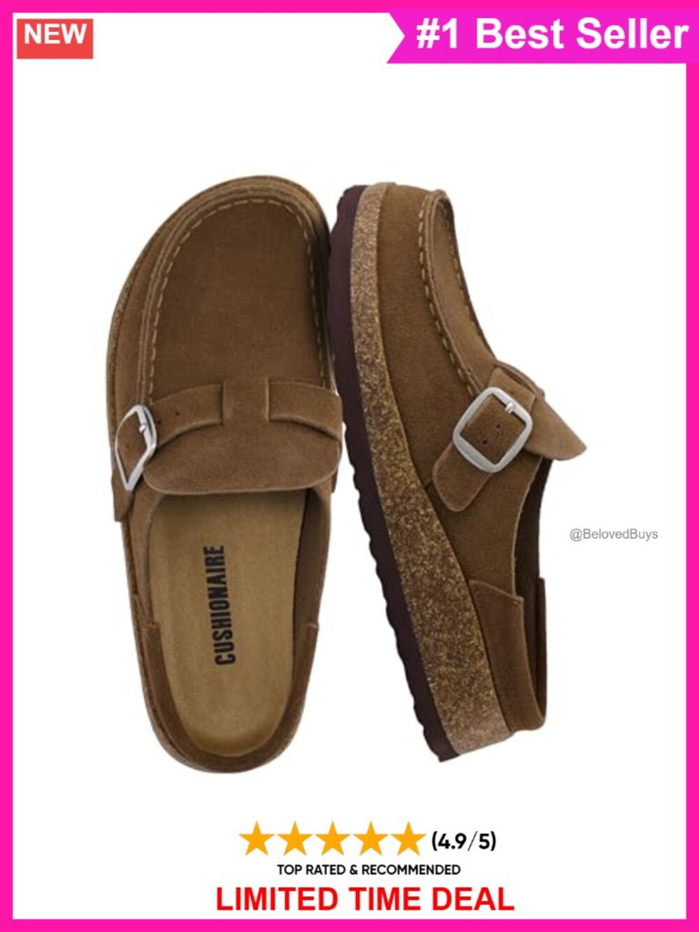 Genuine Leather Cork Footbed Slip-On Clog Mule with Buckle